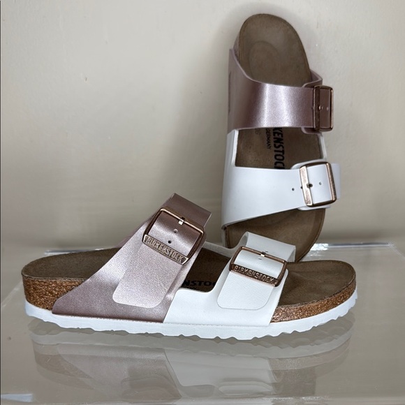 Birkenstock Shoes - NWOT Birkenstock Pink and White Sandals with Cork Footbed